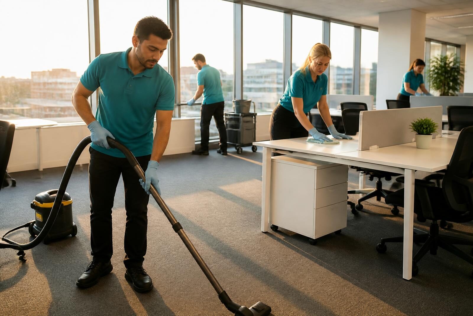 WECB cleaning crew servicing a modern Indianapolis office at dusk